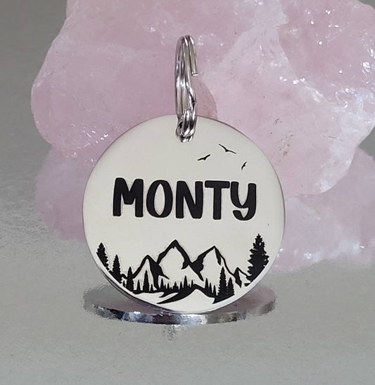 Mountain design pet ID tag, laser engraved, available in silver, gold, rose gold  and Black.