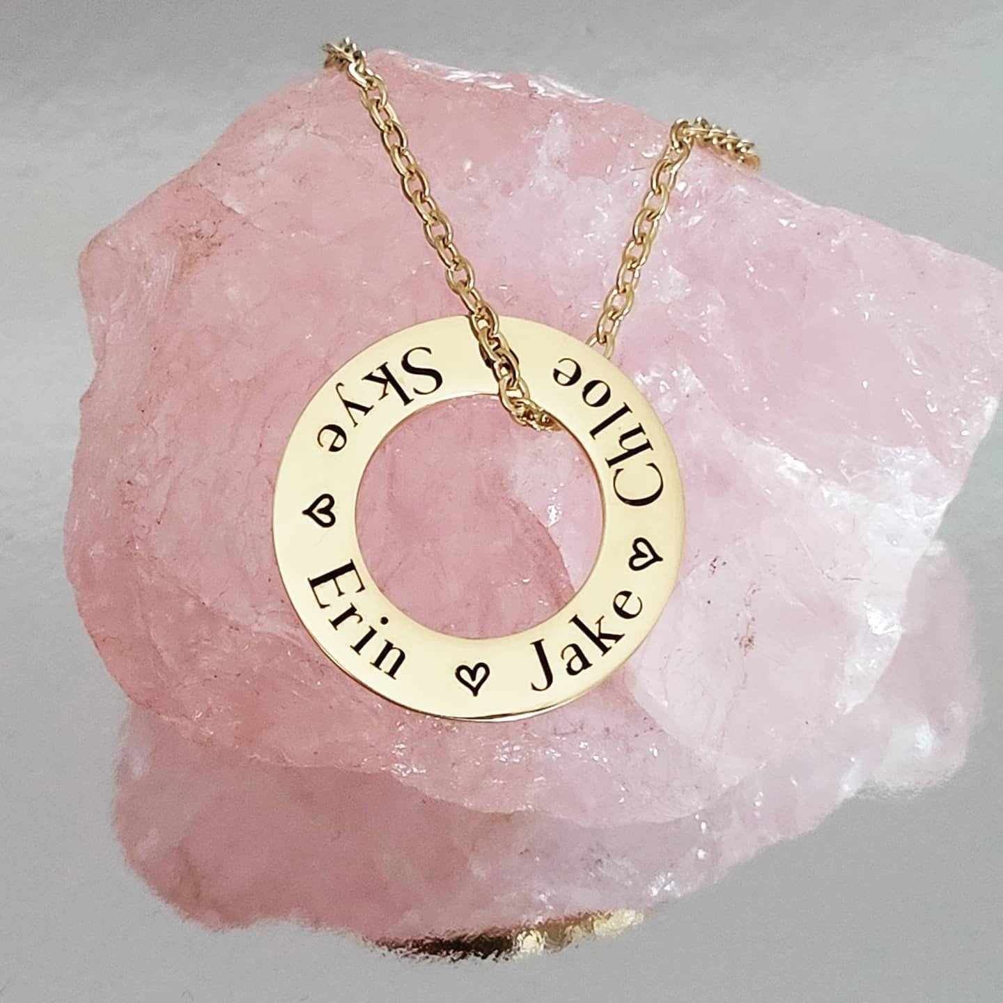 Laser engraved stainless Steel washer necklace, family names gift