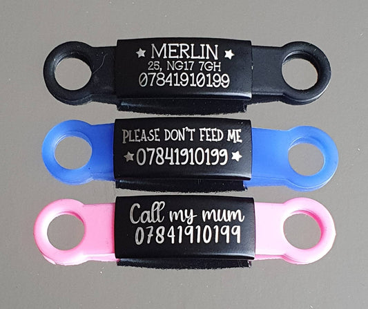 Slide on silicone and stainless Steel pet ID tags, cat or small dog, 3 colours to choose from. Laser engraved.