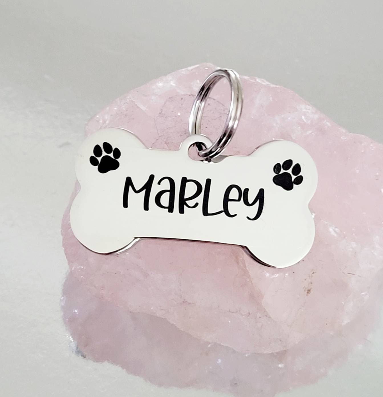 Paw design,Bone shaped pet tags laser engraved, available in silver, gold, rose gold, black, rainbow and blue