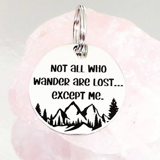Not all who wander are lost, mountain design pet ID tag, laser engraved, available in silver, gold, rose gold  and Black.