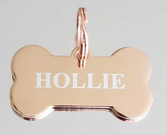 Bone pet tags laser engraved, available in silver, gold and rose gold.