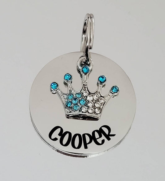 Prince Princess pet ID tag,  stainless steel available with blue crown.