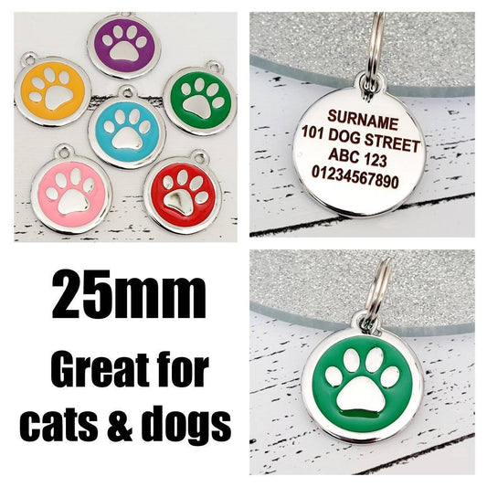 Quality coloured paw dog or cat ID tag, laser engraved.
