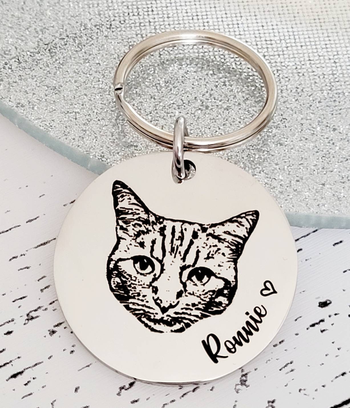 Laser Engraved photo keyring. Engraved from any clear image. Cat gift.