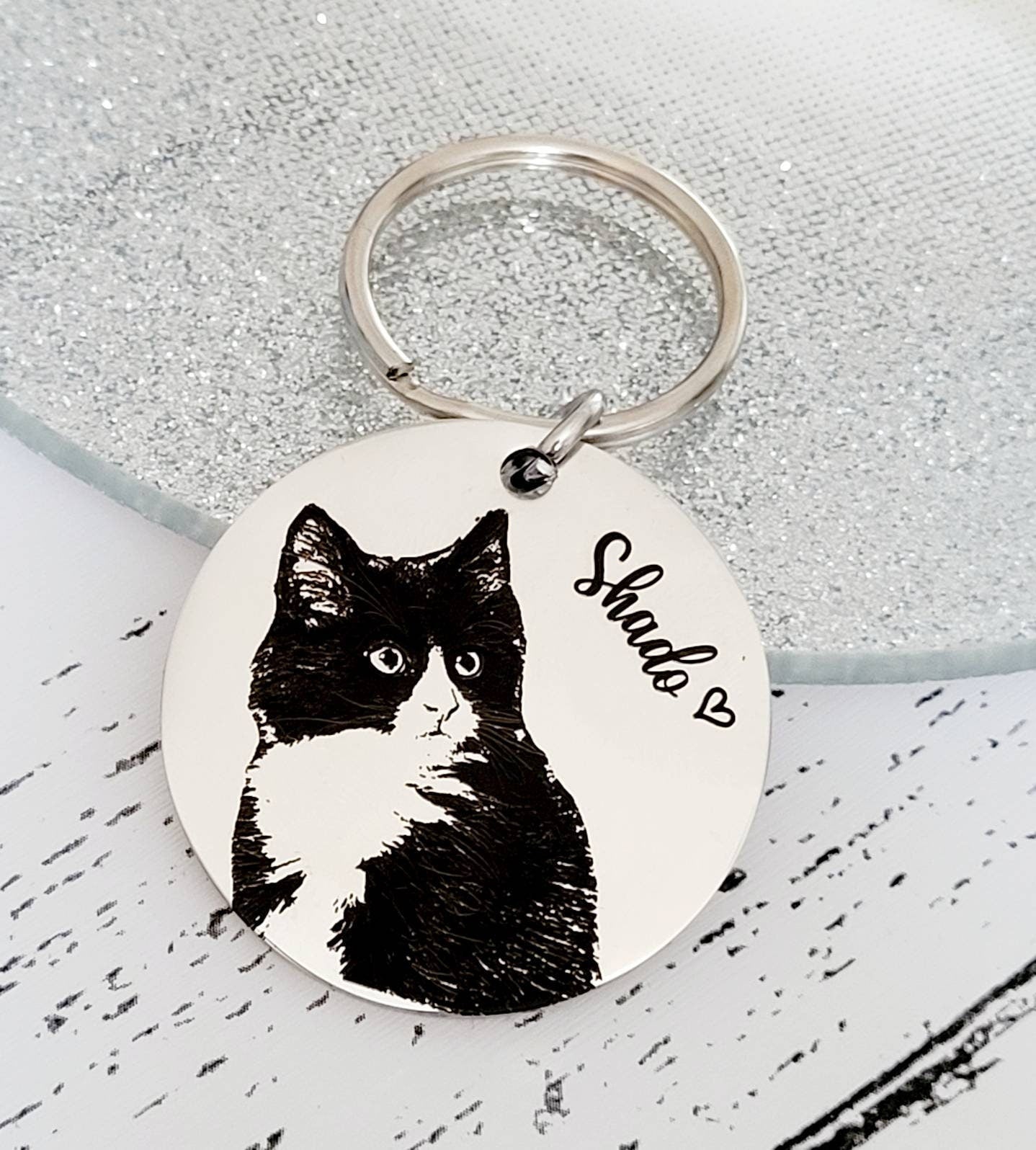 Laser Engraved photo keyring. Engraved from any clear image. Cat gift.
