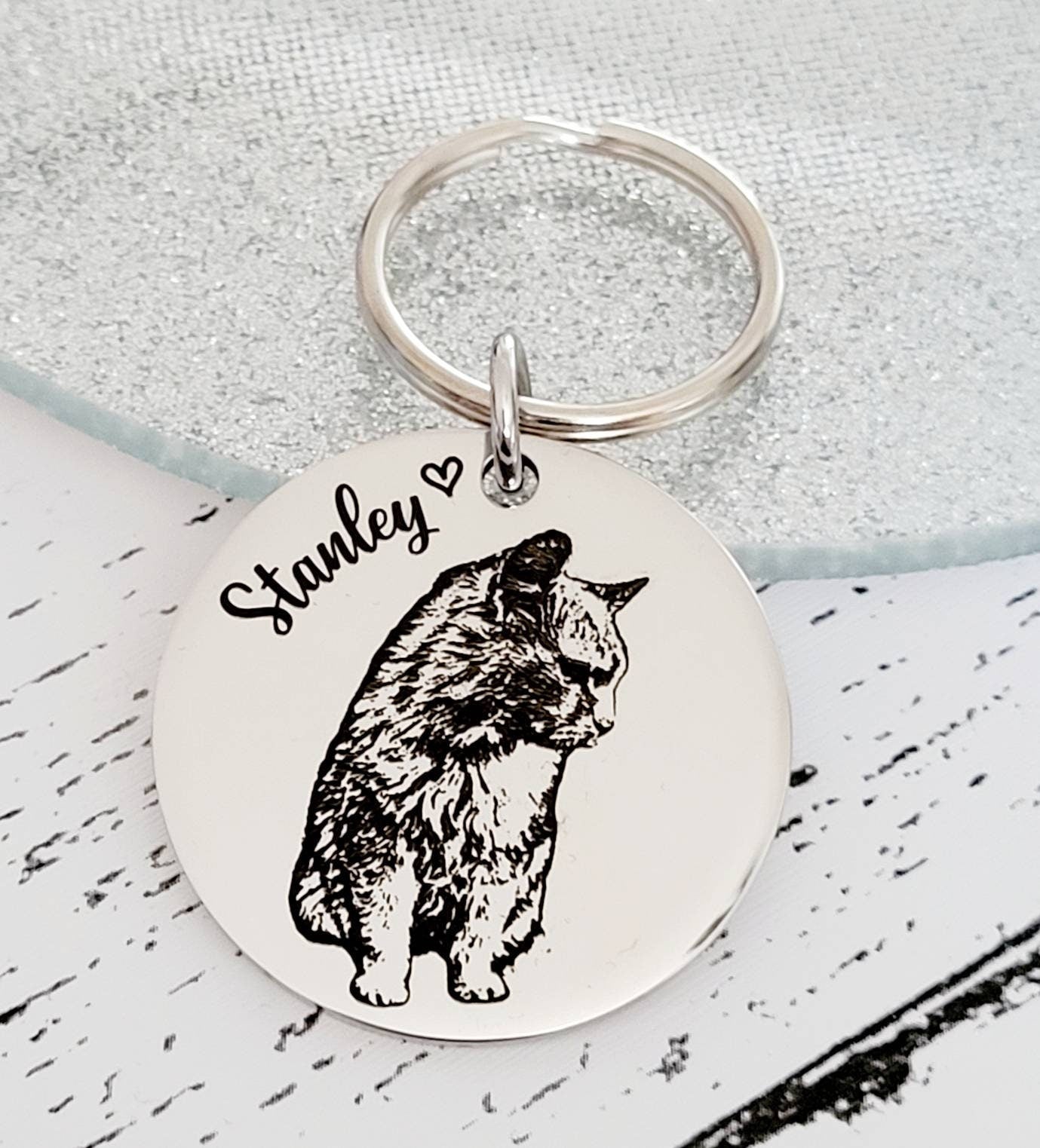Laser Engraved photo keyring. Engraved from any clear image. Cat gift.