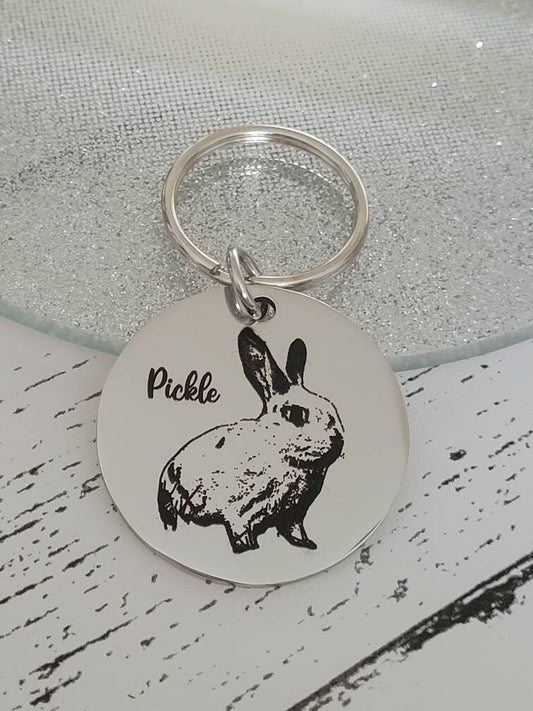 Laser Engraved photo keyring. Engraved from any clear image. Rabbit gift.