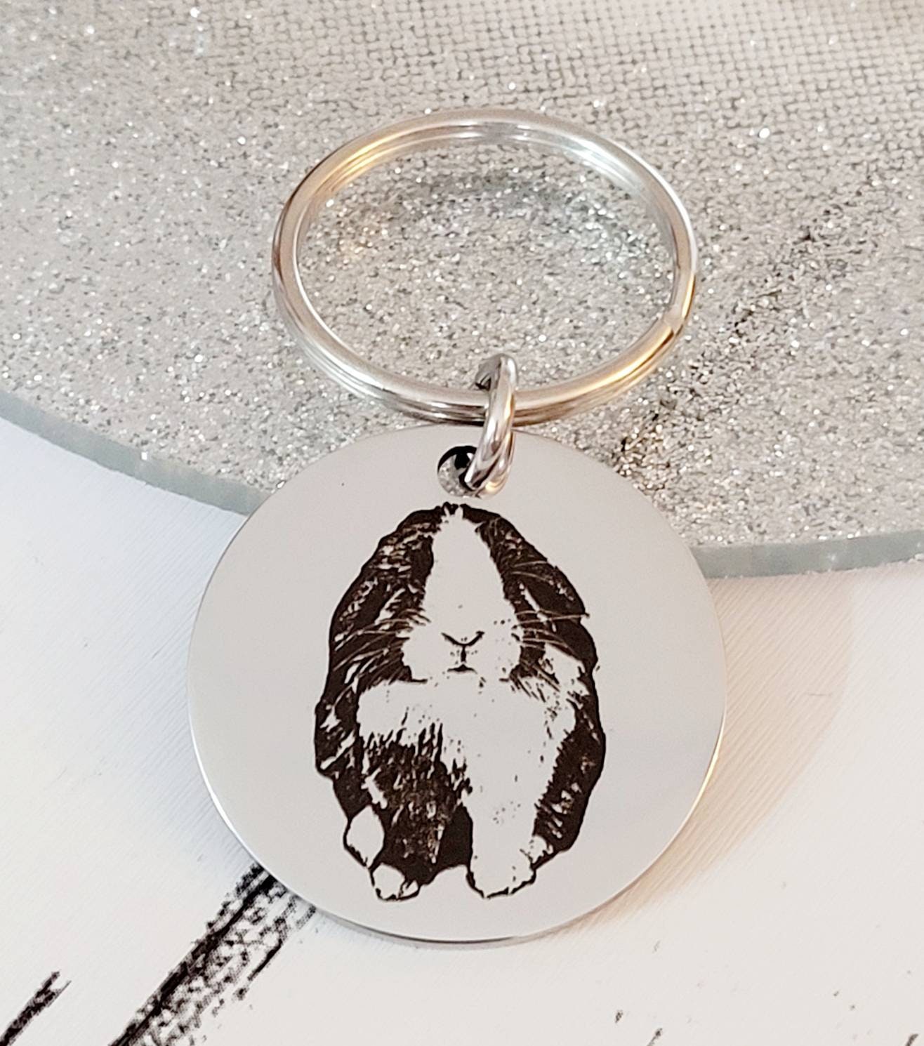 Laser Engraved photo keyring. Engraved from any clear image. Rabbit gift.