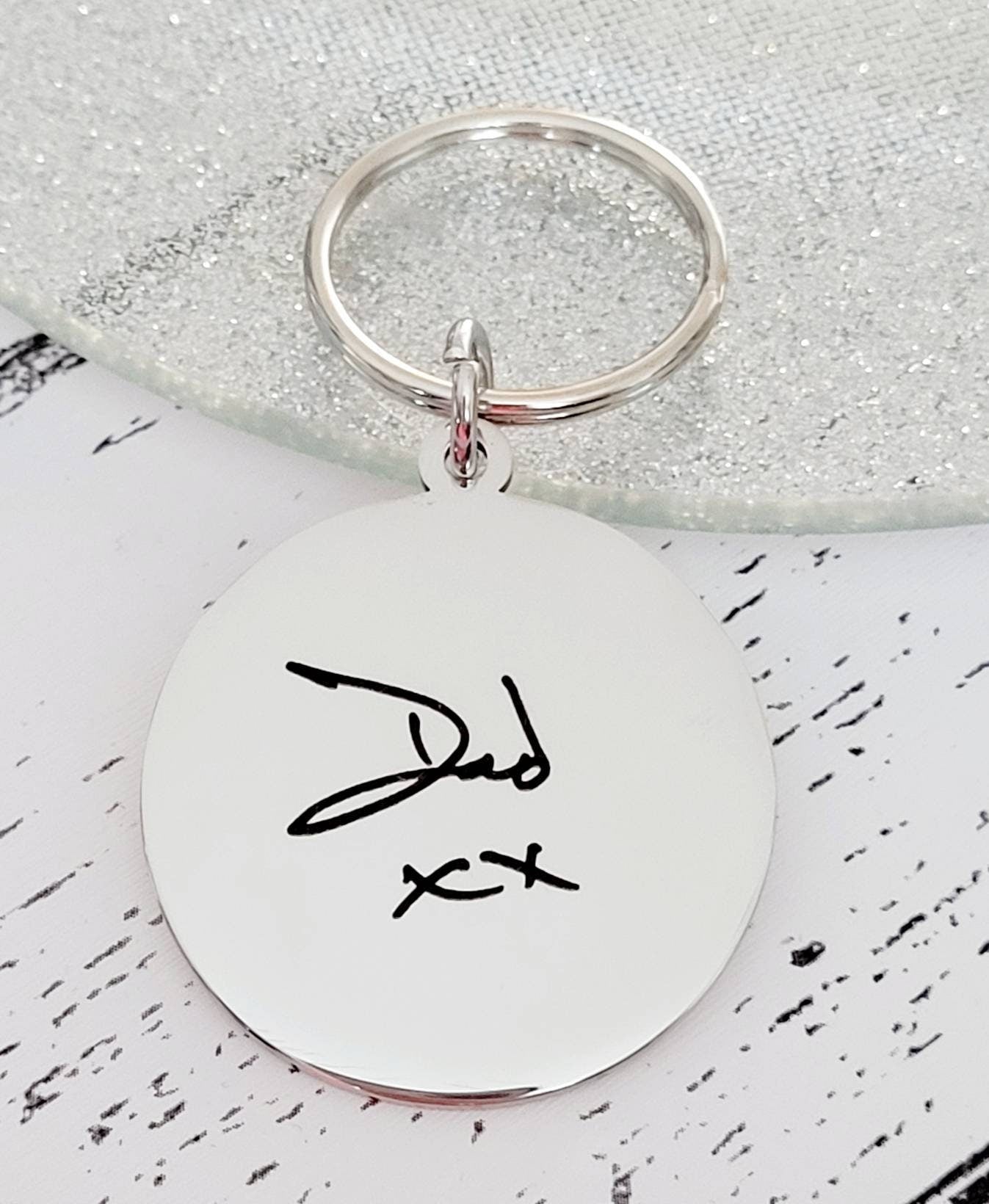 Laser Engraved from a photo of your handwriting or drawing keyring. Engraved from any clear image, or logo