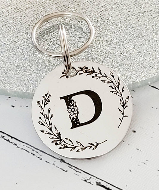 Floral letter Pet ID tags engraved,  stainless steel available in silver, gold and rose gold, laser engraved.