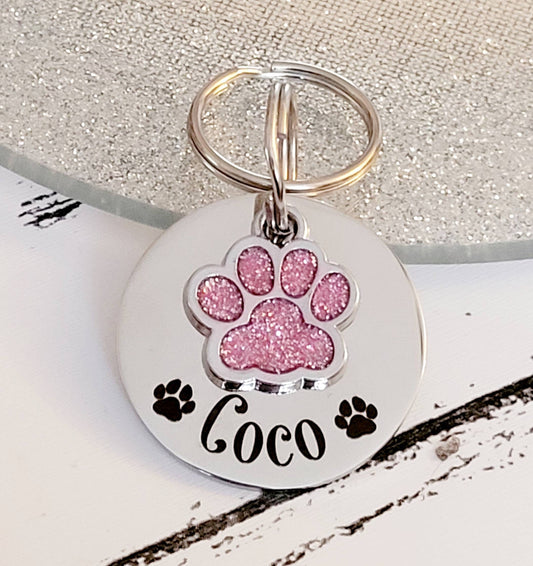 Pet tags engraved,  stainless steel available with pink, blue,green, yellow, red or silver paw.