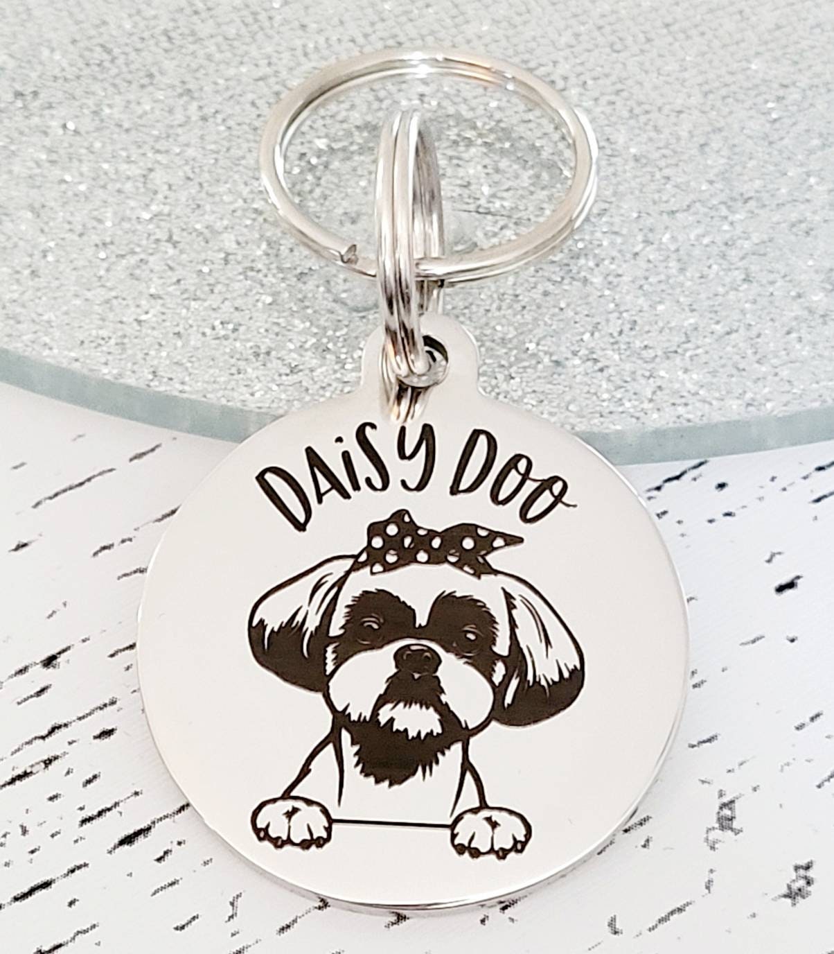 Shih Tzu Pet ID tags engraved,  silver stainless steel laser engraved.