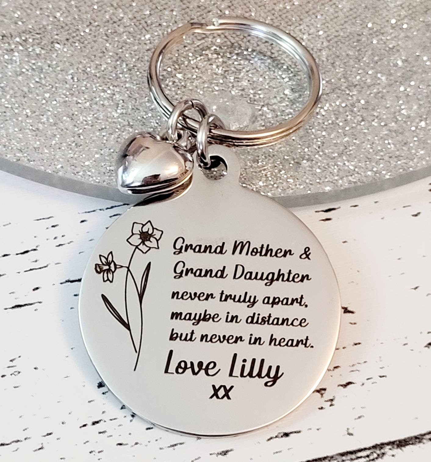 Birth flower mothers day keyring, with personalised message.