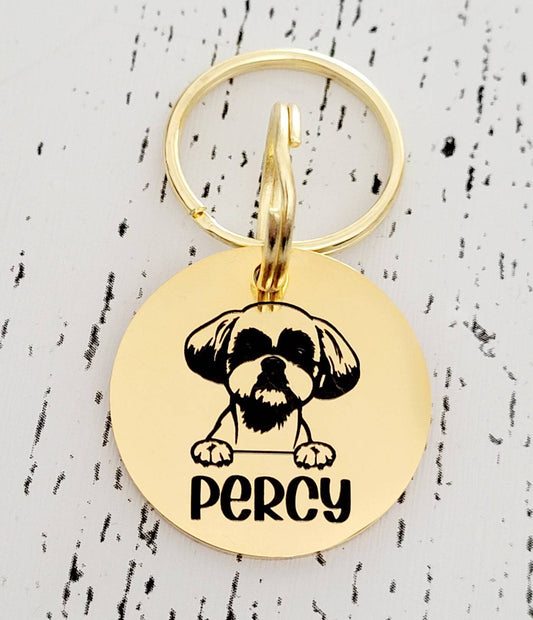 Peeking dog Pet ID tags engraved, stainless steel laser engraved. Shih Tzu.