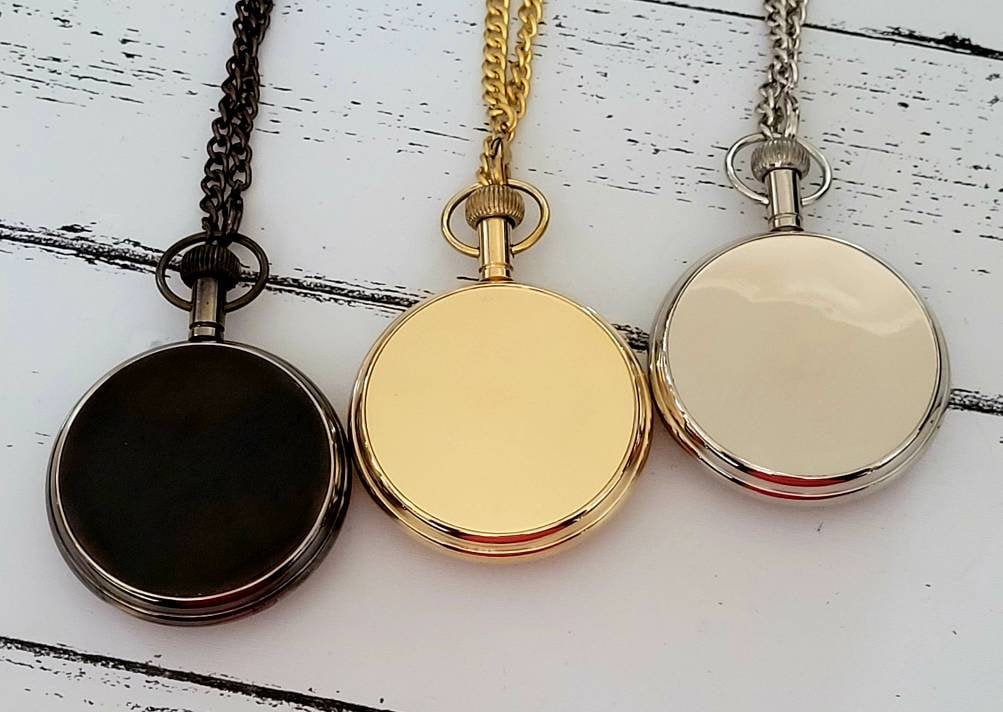 Stylish engraved pocket watch with chain. Silver, Gold or Antique solid brass.