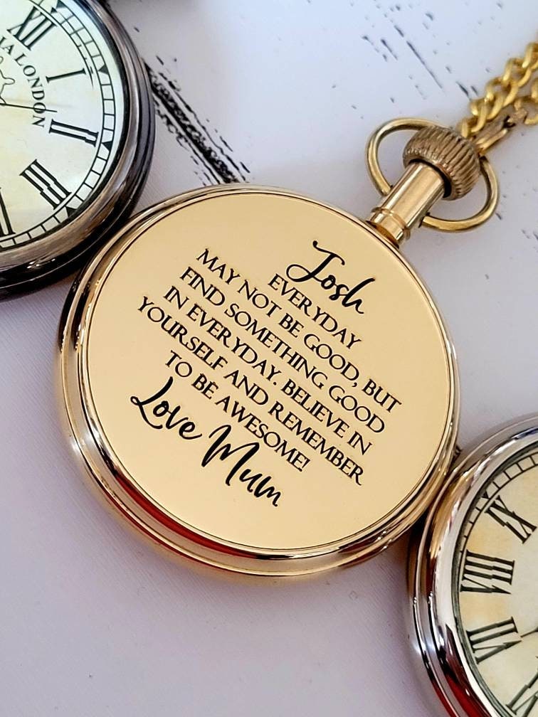 Stylish engraved pocket watch with chain. Silver, Gold or Antique solid brass.