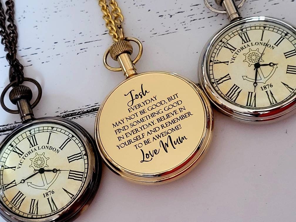 Stylish engraved pocket watch with chain. Silver, Gold or Antique solid brass.