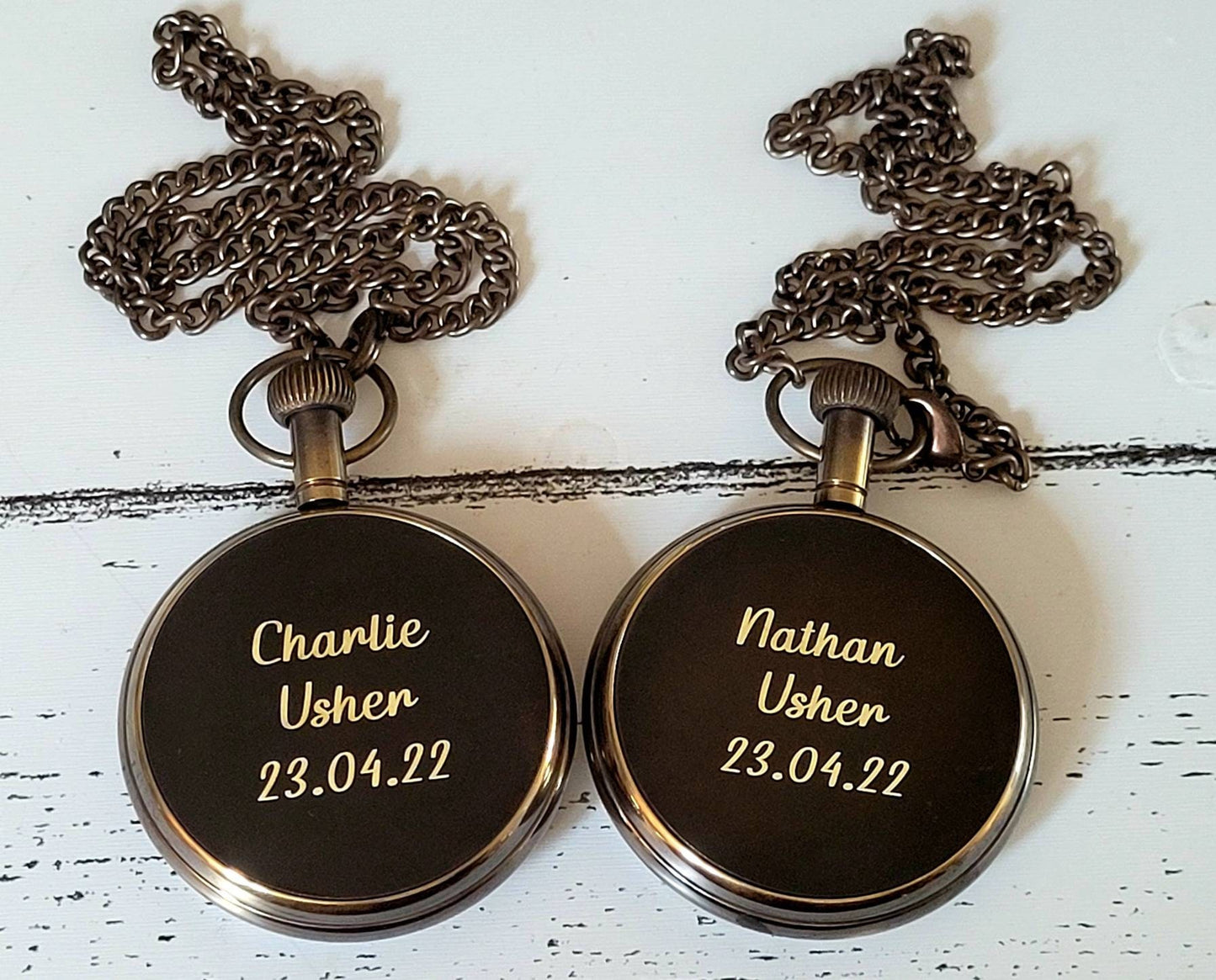 Stylish engraved pocket watch with chain. Silver, Gold or Antique solid brass.
