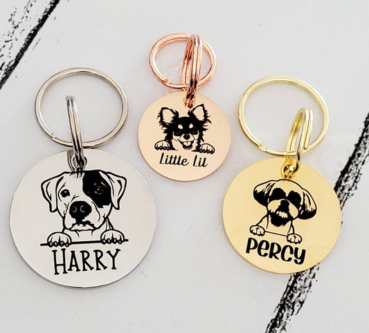 Dog heads personalised ID tags laser engraved,  stainless steel available in silver, gold and rose gold