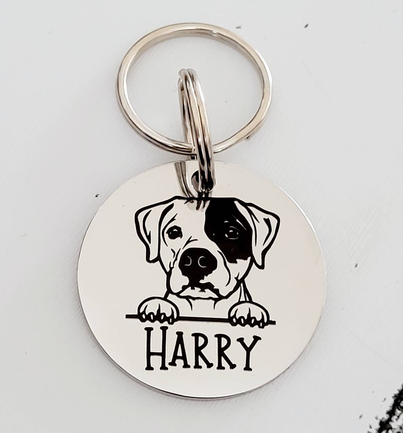 Staffy Pet ID tags engraved, stainless steel laser engraved.