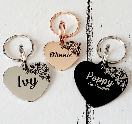 Pretty floral lace pet ID tags, laser engraved,  stainless steel available in silver, gold, rose gold and black.