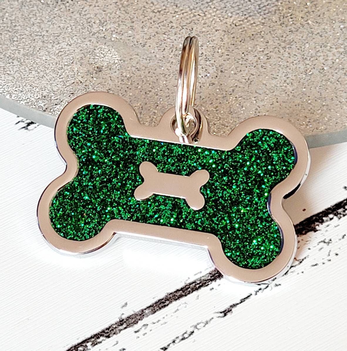 Quality coloured purple sparkly bone dog ID tag, laser engraved.