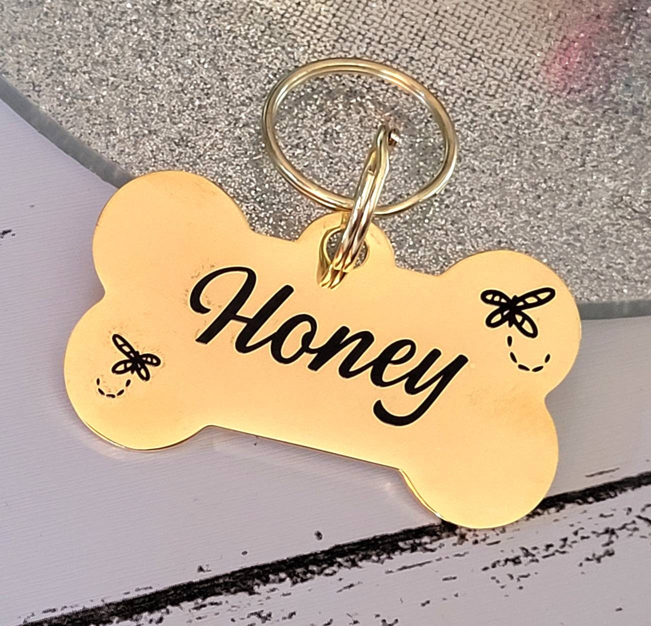 Dragonfly design bone pet tags laser engraved, available in silver, gold and rose gold.