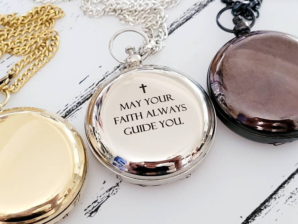 Beautiful premium personalised engraved compass or pocket watch. Christening gift, faith, religious.