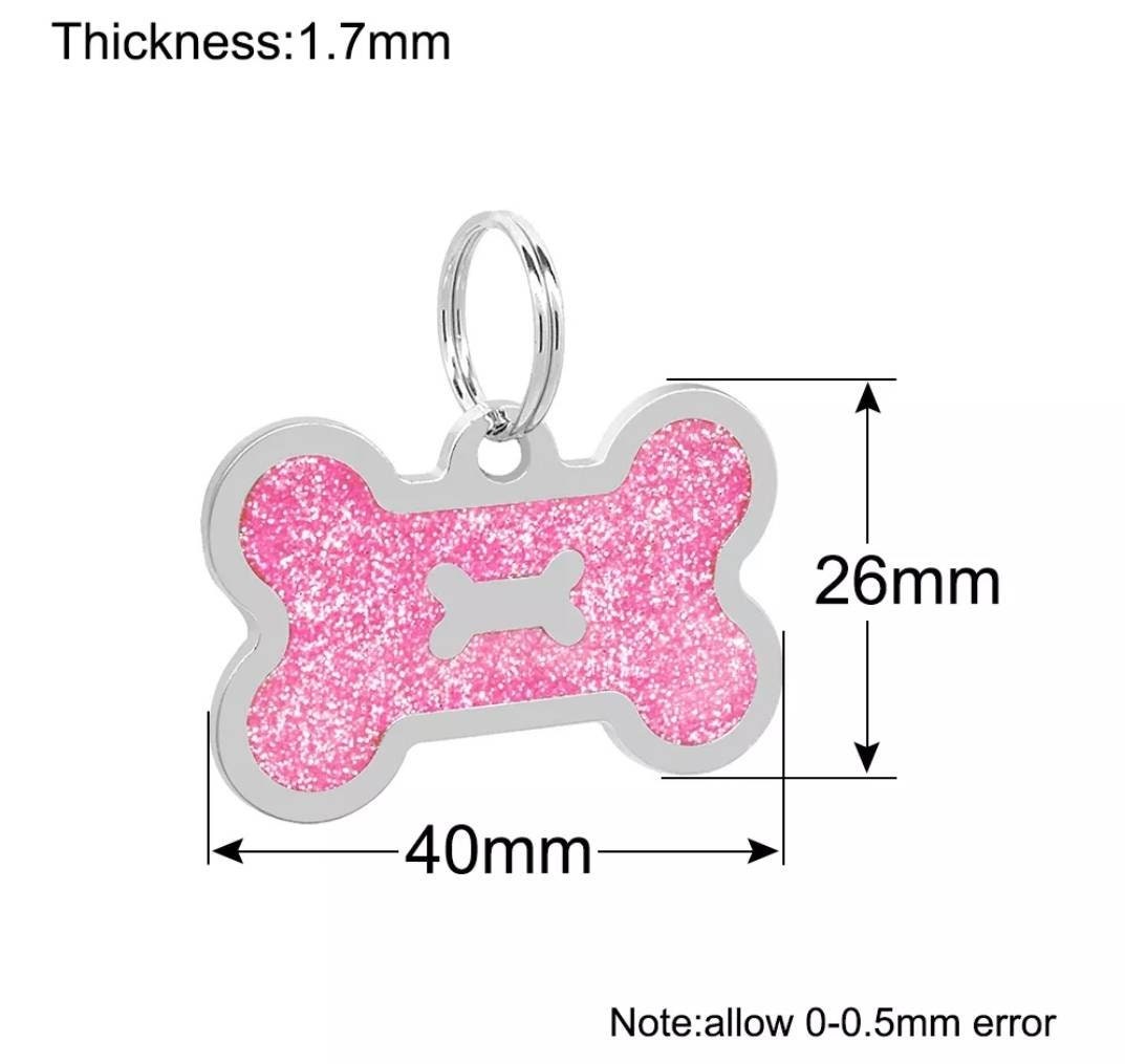 Quality coloured silver sparkly bone dog ID tag, laser engraved.
