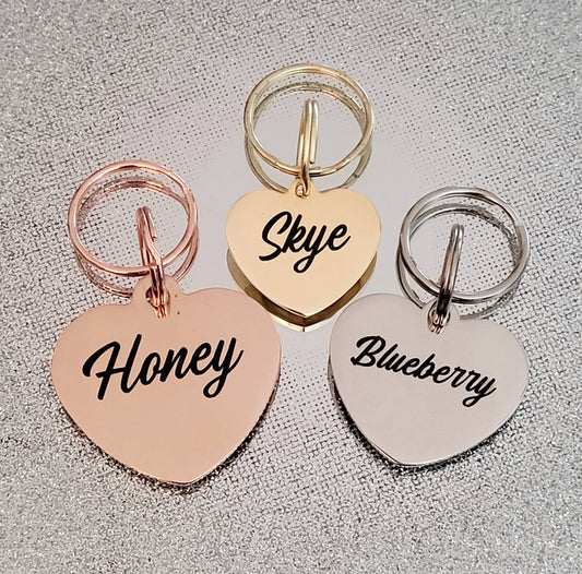 Heart shaped pet ID tags engraved,   Rose Gold,  Silver and Gold.