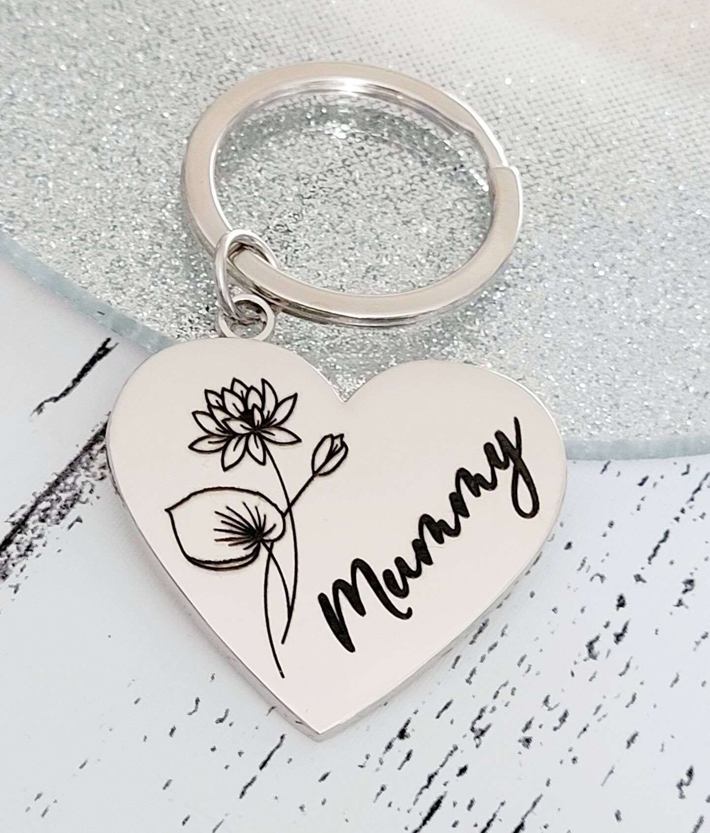 Birth flower keyring, with personalised message.