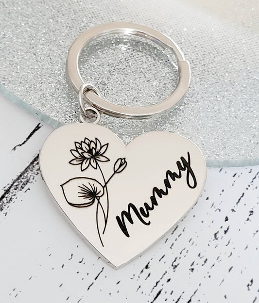 Birth flower keyring, with personalised message.