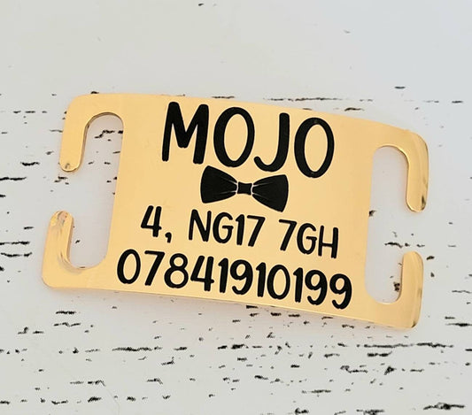 Pet ID collar tags, Shiny stainless steel slide on, 4 colours, 3 sizes to choose from. Laser engraved.