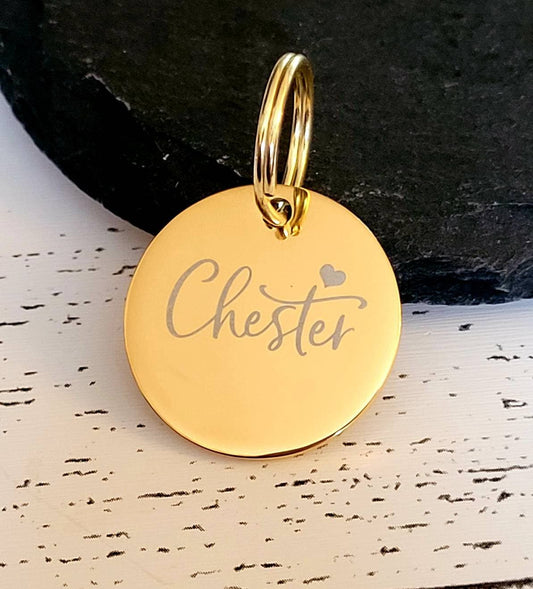 Pet tags engraved,  stainless steel round tag available in rose gold,  silver and gold