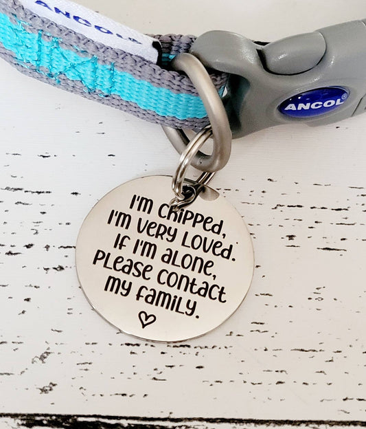 I'm chipped design. dog tag, collar tag, cat tag, various colours, engraved
