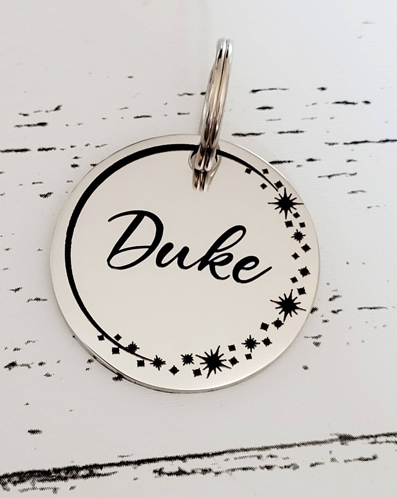 Star design Pet tags engraved,  stainless steel round tag available in rose gold,  silver and gold