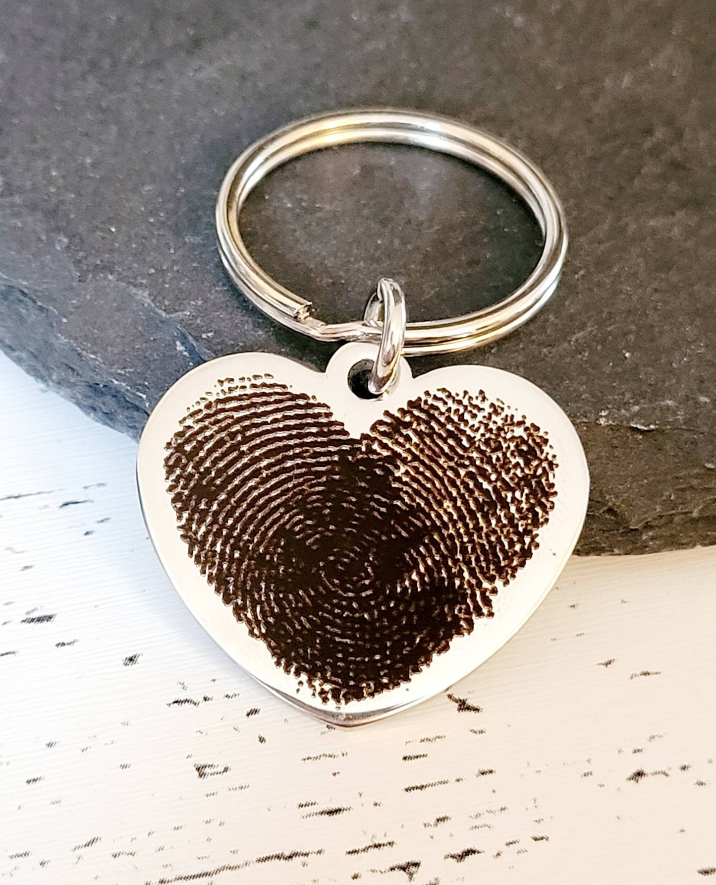 Actual fingerprint double print heart keyring. From a photo of your prints.