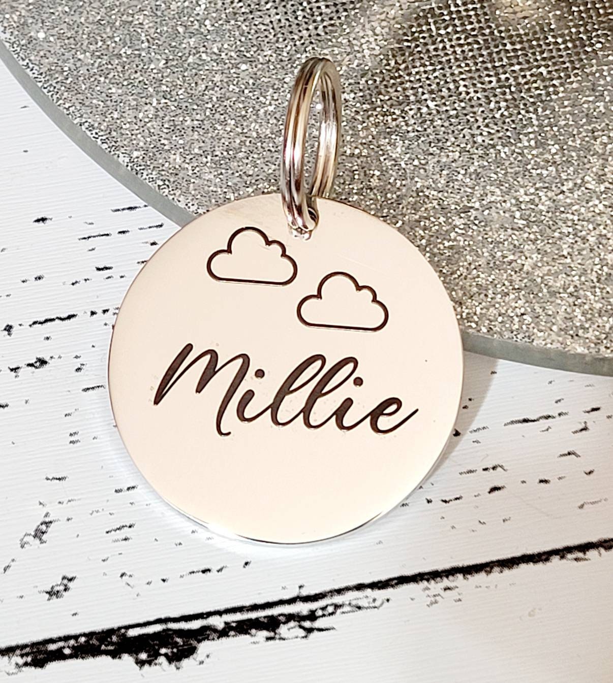 Cloud design.  Pet ID tags laser engraved,  stainless steel available in silver, gold and rose gold