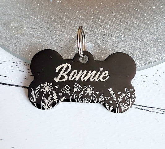 Wild flowers design bone pet tags engraved, available in silver, gold, rose gold, black, rainbow and blue