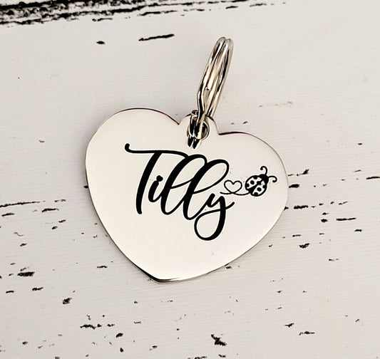 Lady bird heart design pet ID tag, laser engraved, available in silver, gold, rose gold  and Black.