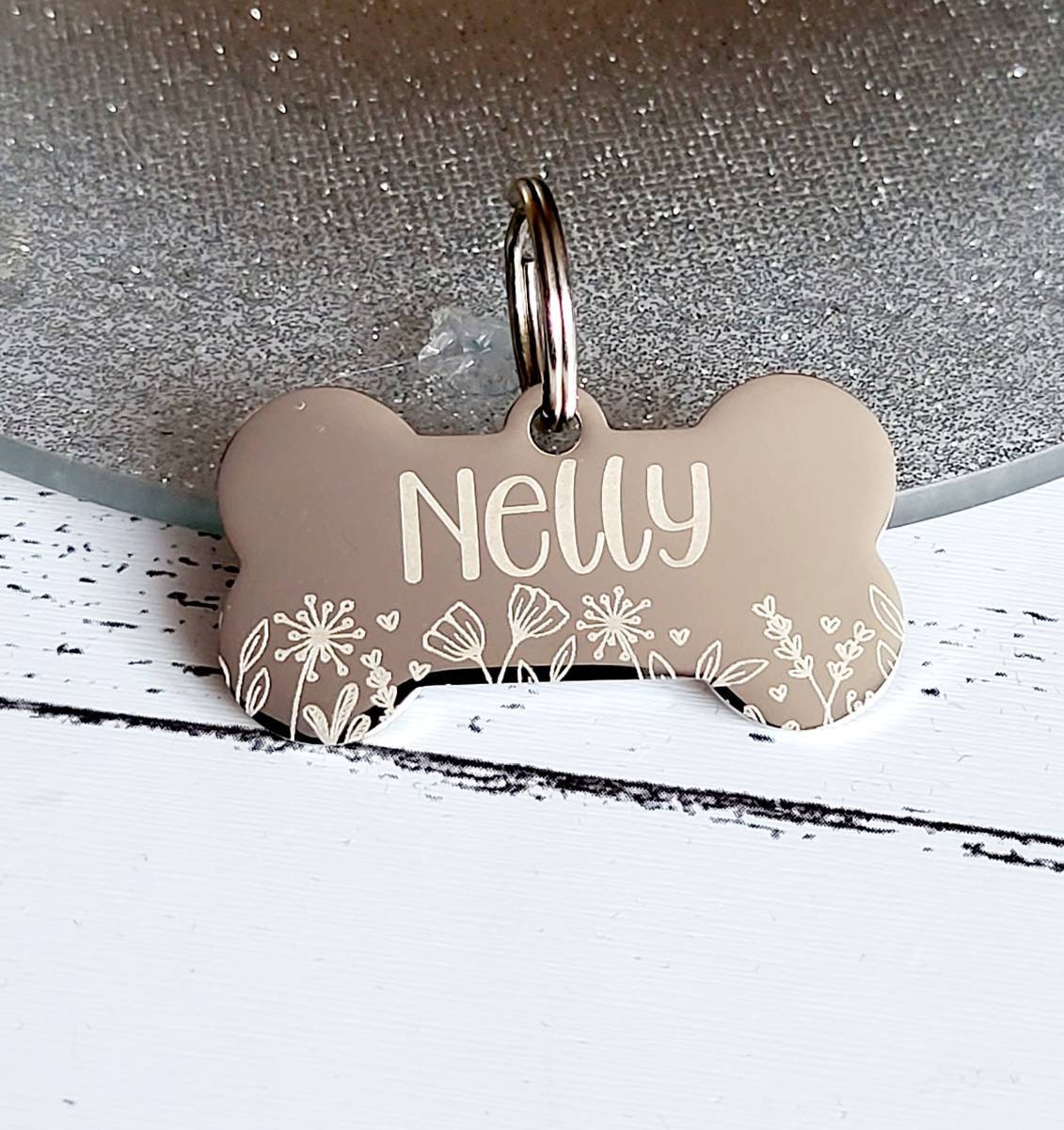 Wild flowers design bone pet tags engraved, available in silver, gold, rose gold, black, rainbow and blue