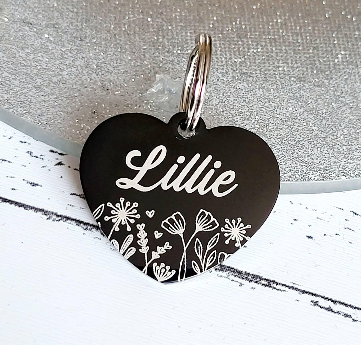 Wild flower heart design pet ID tag, laser engraved, available in silver, gold, rose gold  and Black.