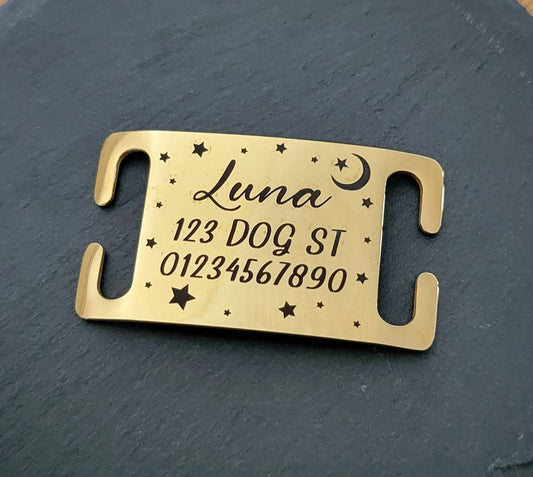 Moon and star design Pet ID collar tags, coated steel slide on, 4 colours, 3 sizes to choose from. Laser engraved.
