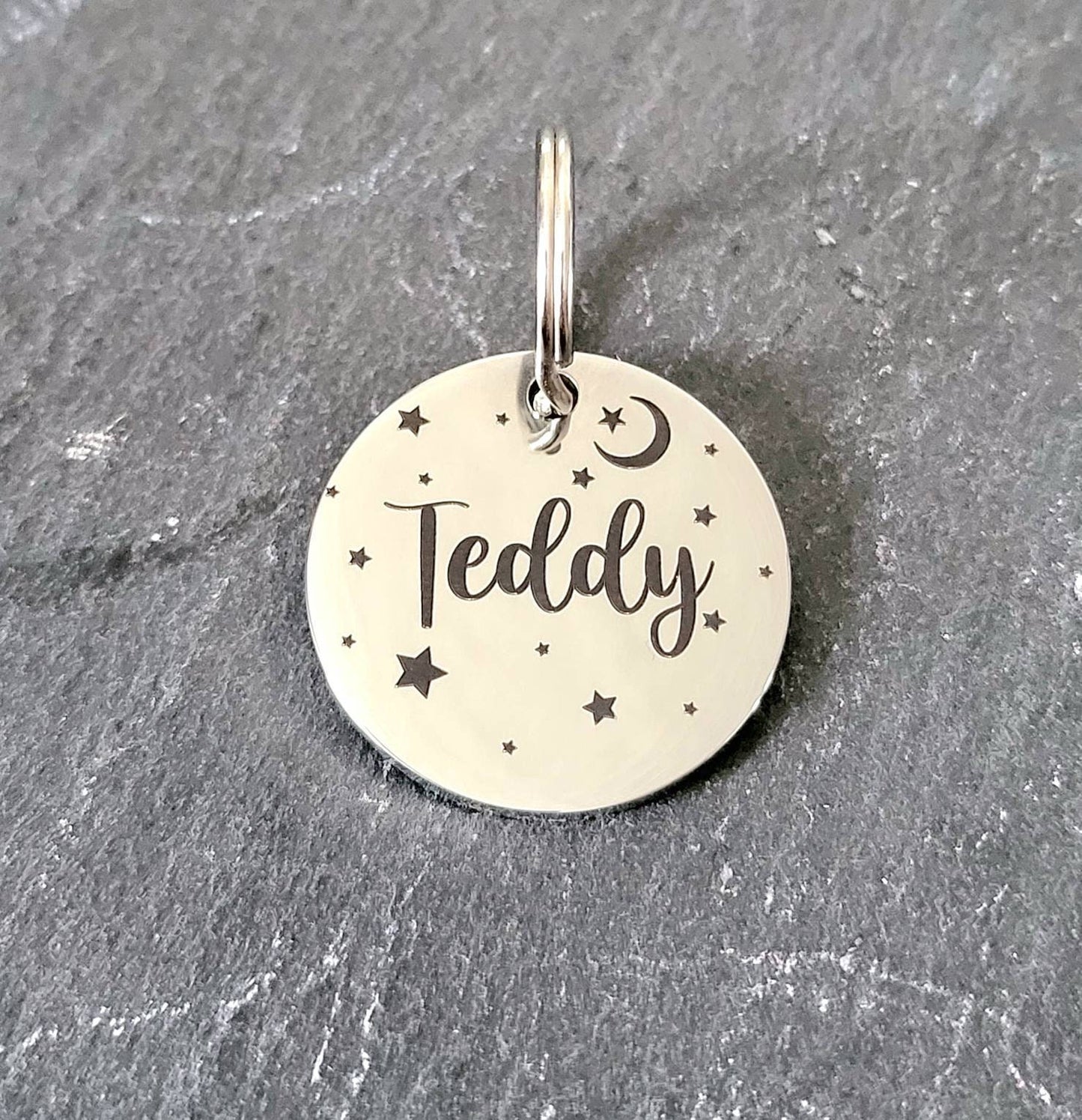 Moon and star dog tags engraved,  stainless steel round tag available in rose gold,  silver and gold