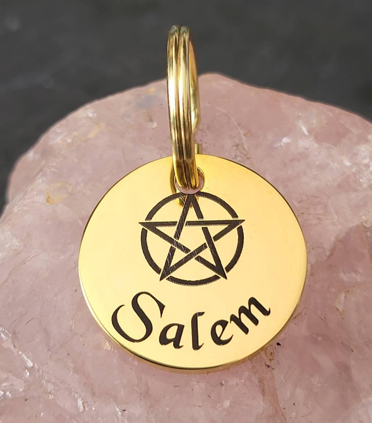 Tiny 20mm pentagram witches cat kitten ID tags laser engraved,  stainless steel available in silver, gold and rose gold.