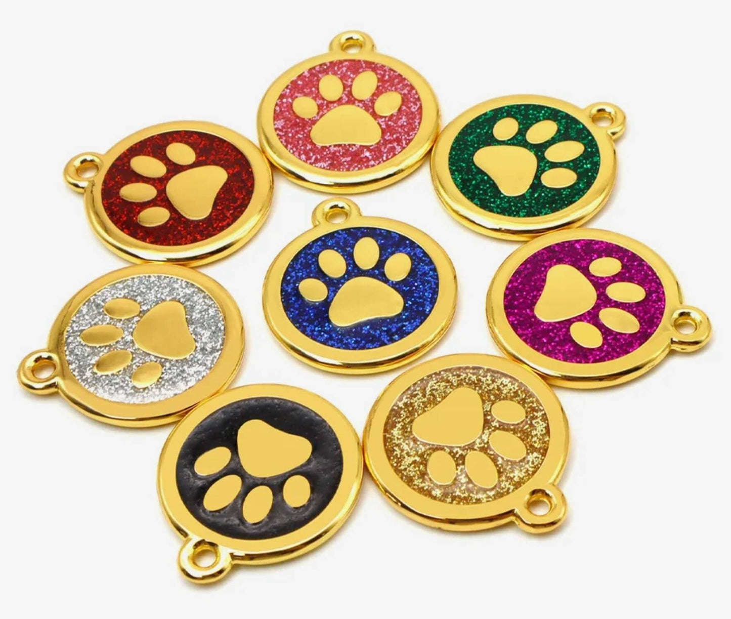 Quality gold coloured 25mm sparkly paw dog or cat ID tag, laser engraved.