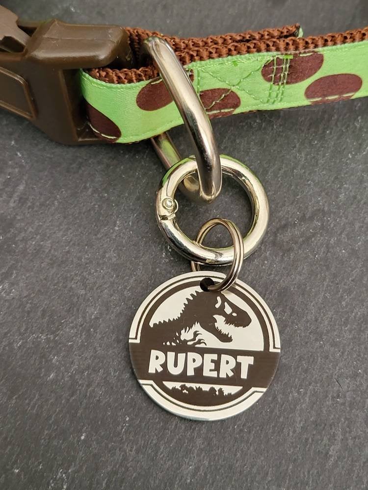 Jurassic design pet ID tag. Available in silver, gold, rose gold or black stainless Steel