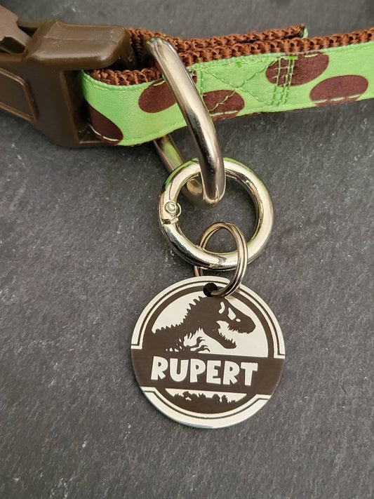 Jurassic design pet ID tag. Available in silver, gold, rose gold or black stainless Steel