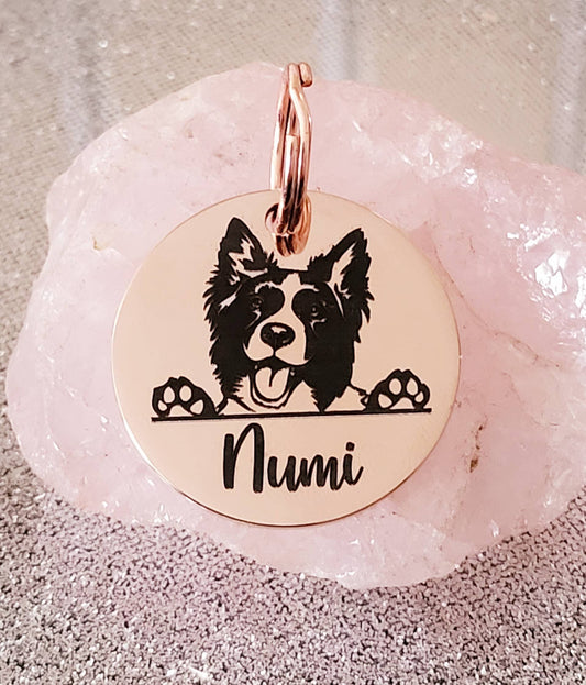 Border Collie Dog heads personalised ID tags laser engraved,  stainless steel available in silver, gold and rose gold